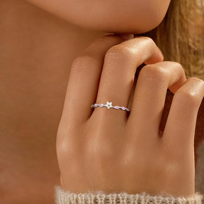 SUYACS 925 Sterling Silver Flower Rings with 6 Marquise Cut Pink Birthstone for Women Gold Plated Cute Opal Floral Small Stackable Ring Mother Daughter Statement Ring Jewelry Birthday Gifts