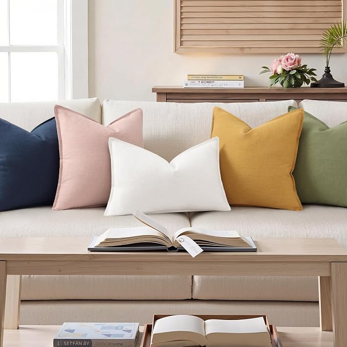 decorUhome Fall Cream White Linen Throw Pillow Covers 12x20 Set of 2 | Decorative Soft Cozy Modern Farmhouse Boho Accent Pillow Cases with Flange Edges for Couch Bed Sofa Living Room Home Decor
