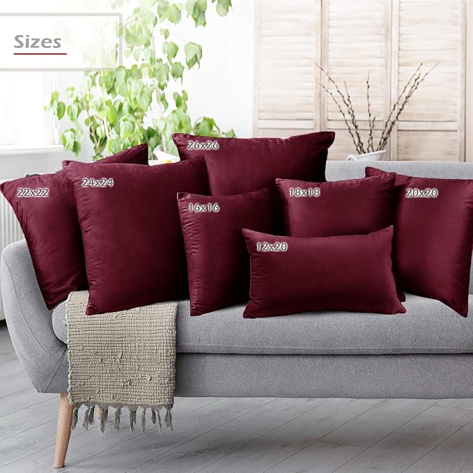 Nestl Throw Pillow Covers, Cozy Velvet Decorative Burgundy Red Pillow Covers 20 x 20 Inches, Soft Solid Couch Pillow Covers for Sofa, Bed and Car, Set of 2