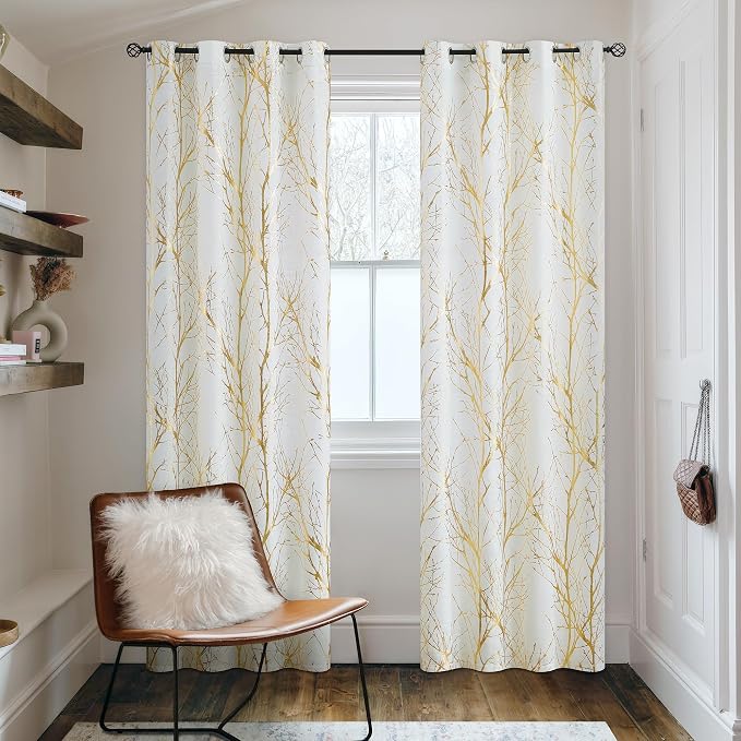 FMFUNCTEX Linen Gold White Semi Sheer Print Curtains 54 Inch Long 2 Panels | Metallic Branch Sheer Patterned Drapes, Light Filtering Grommet Panels for Modern Farmhouse Bedroom and Living Room Style