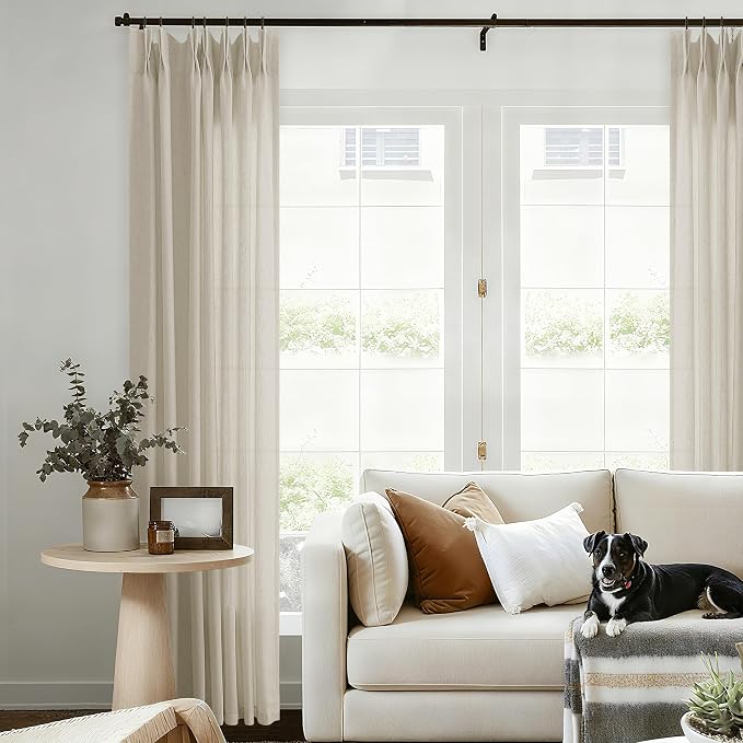 Greyish Beige Pinch Pleated Linen Curtains 84 Inches Long Semi Sheer | Light Filtering, Flax Pleat Drapes, Hooks Rings, Back Tab, for Living Room Dining Bedroom, Farmhouse Boho Curtains, Oatmeal