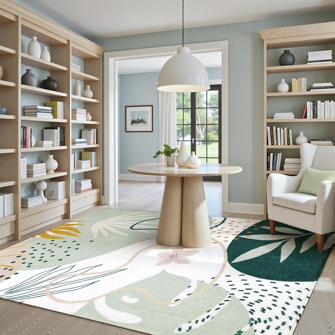 Lahome Green Washable Rugs 9x12 Living Room Rug, Non-Slip Backing Lightweight Extra Large Area Rug Ultra-Thin Throw Rus for Dining Room Table, Boho Botanical Print Soft Rug for Bedroom Classroom Home