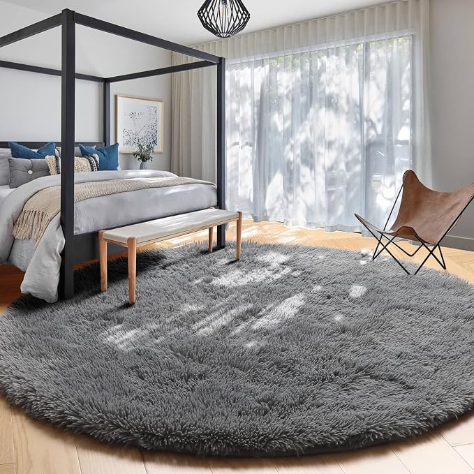 Amdrebio Grey Round Area Rugs 7Ft for Living Room, Large Shag Fluffy Circle Rug for Bedroom, Big Soft Thick Plush Carpet for Kids Room, Modern Furry Fuzzy Circular Gray Rug for Classroom Apartment