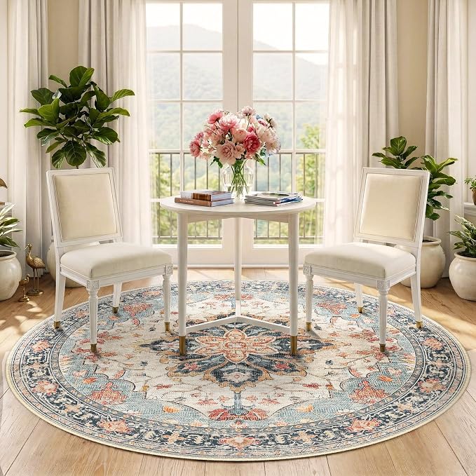 RELEANY Area Rugs Round 5ft Washable Non-Slip, Floral Vintage Distress Medallion Carpet for Living Room Bedroom Dining Room, Beige Navy Blue Orange Colorful