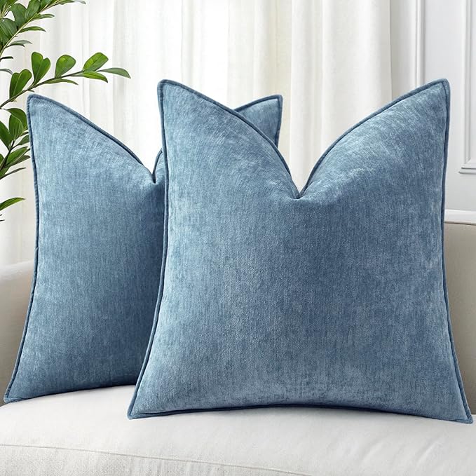 decorUhome Chenille Blue Grey Velvet Throw Pillow Covers 16x16 Set of 2 | Fall Soft Couch Decorative Modern Farmhouse Pillow Cases with Elegant Design for Sofa Bed Living Room Home Decor