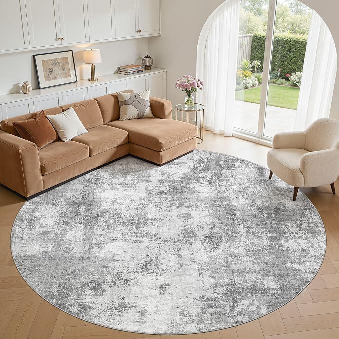 10ft Round Area Rugs for Living Room, 10x10 Washable Non Slip Soft Large Rugs for Bedroom Dining Room, Modern Abstract Low Pile Stain Resistant Carpet for Laundry Office Home Decor - Gray