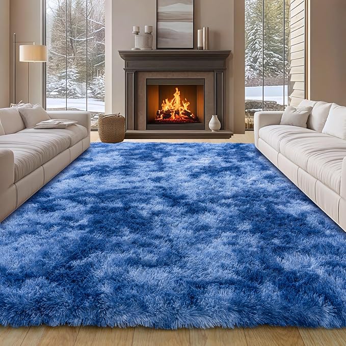 8x10 Large Area Rugs for Living Room, Tie-Dyed Blue Fluffy Shag Rug | Soft and Comfy, Big Fuzzy Carpet for Bedroom, Nursery, Kids, Girls, Boys Room Dorm Home Decor Aesthetic, Upgrade Non Slip