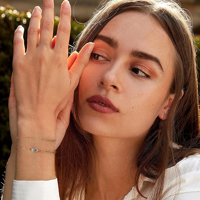 Dainty Gold Bracelets for Women, 14K Gold Plated Adjustable Layered Beads Bracelet Cute Evil Eye Oval Chain Pearl Bar Turtle Gold Bracelets for Women Jewelry