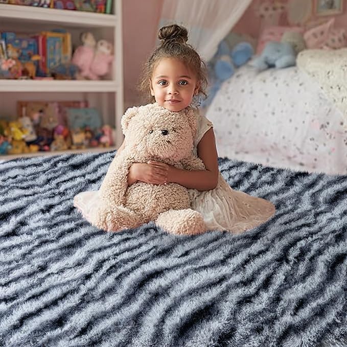 qulint Zebra Rug for Living Room, 6x9 Fluffy Large Area Rug for Bedroom | Soft Shaggy Modern Striped Carpet, Plush Animal Alfombras for Dorm Room Nursery Classroom Kid Room Home Decor Aesthetic