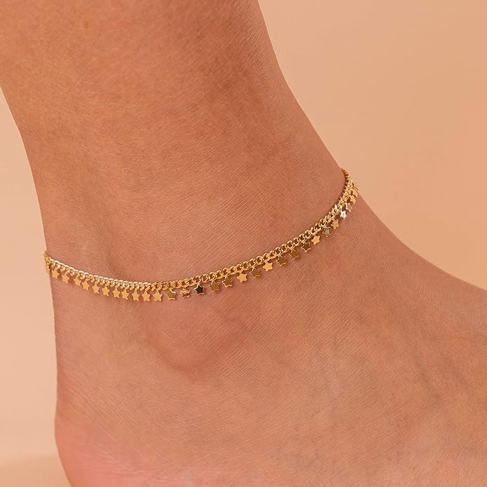PAVOI 14K Gold Plated Anklet for Women - Trendy Link Chain Ankle Bracelet Summer Jewelry - Boho Dainty Anklets with Cubic Zirconia, Beaded, Evil Eye, Star, Station, Pearls Adjustable Gold Jewelry
