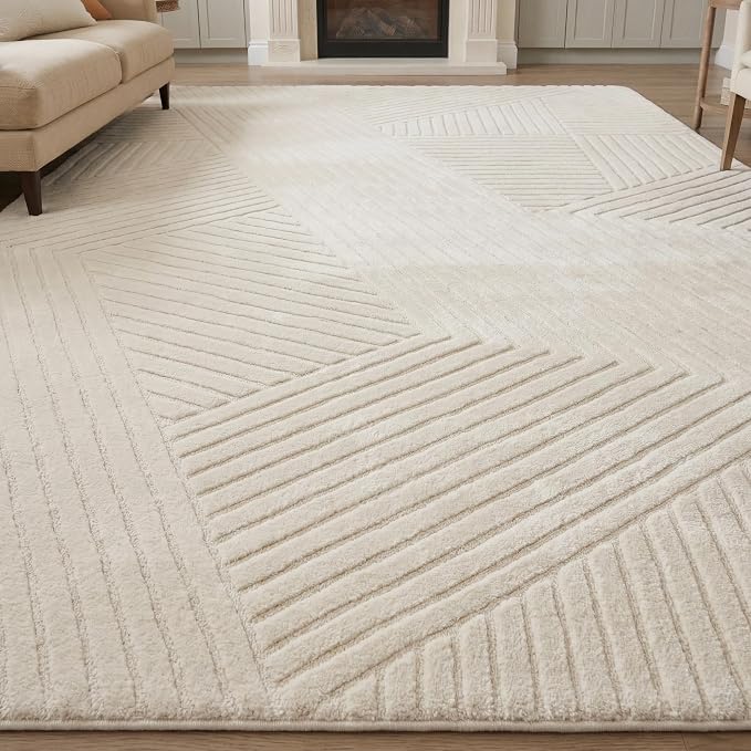 5x7 Beige Solid Geometric Area Rugs for Living Room Bedroom, Washable | High-Low Pile Textured Carpet, Ultra Soft, Durable, Non-Slip, Fluffy Floor Rugs for Bedroom, Kids Room, Nursery, Home Décor