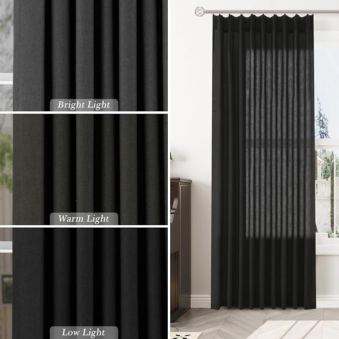 Aersas Linen Black Pinch Pleated 102 Inch Curtains 2 Panels for Living Room Modern Curtains 102 Inches Long Pinch Pleat Drape for Track System Light Filtering Semi Sheer Curtain for Dining Bedroom