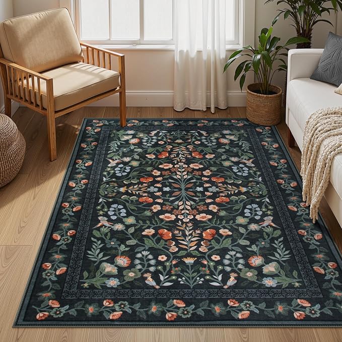 Lahome Black Floral Washable Rug 5x7, Vintage Non Slip Stain Resistant Carpet for Bedroom Kitchen Entryway, Low-Pile Soft Boho Rug for Living Room Office, Machine Washable Home Decor, Black