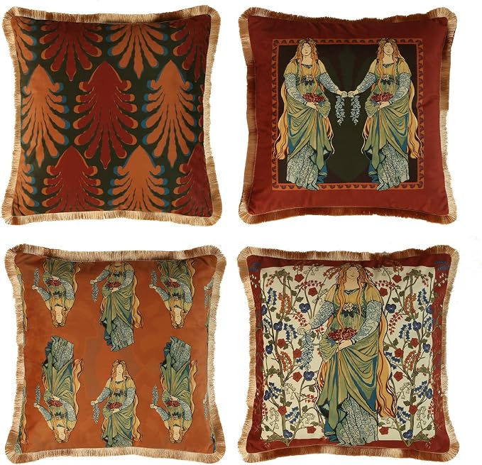 patdrea Designer French Velvet Throw Pillow Cover,Set of 4,-Oldlegend | Elegant Lumbar Pillow Case,Fringe Trim,Classic Art PatternDecor Cushion Coverfor Couch Living Room Bedroom Sofa