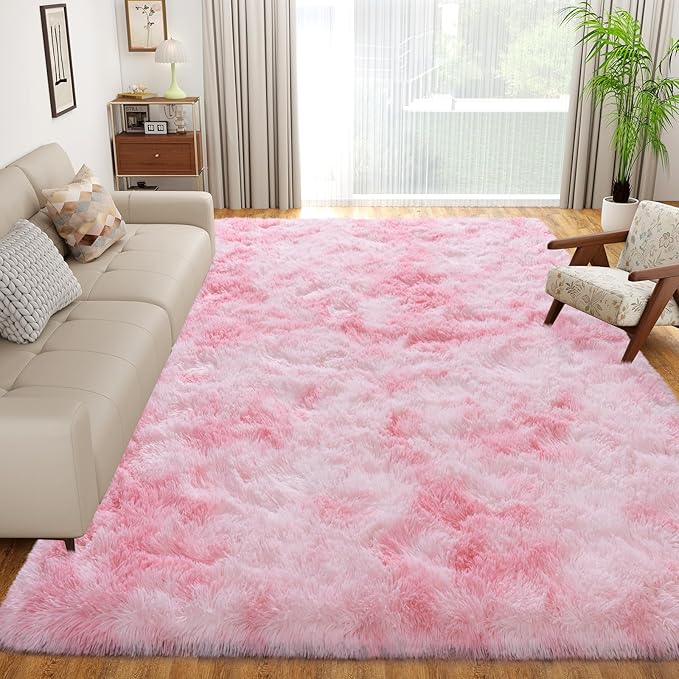 Dssimo Pink and White Rug for Living Room Bedroom,5x7 Soft Shaggy Area Rug | Upgrade Non-Slip Large Pink Fuzzy Rug for Girls Nursery Kids Room Dorm Room Home Decor, Indoor Plush Floor Carpet