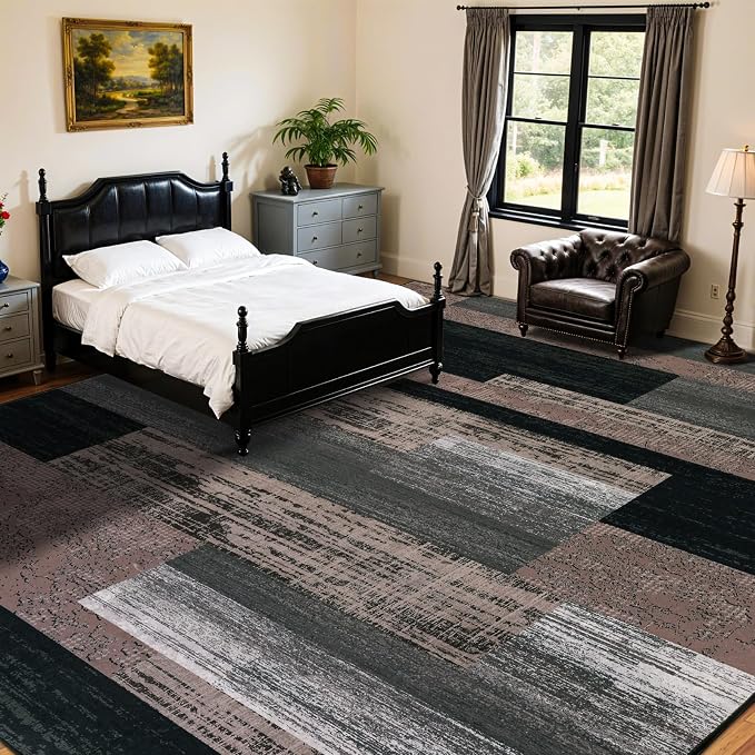 LIANLAM 8x10 Washable Area Rugs for Living Room and Bedroom(8x10,Chocolate) | Non-Slip Large Carpet,Vintage Checkered Pattern, Stain Resistant Faux Wool Low Pile Soft Rug for Dining Room,Office,Nursery
