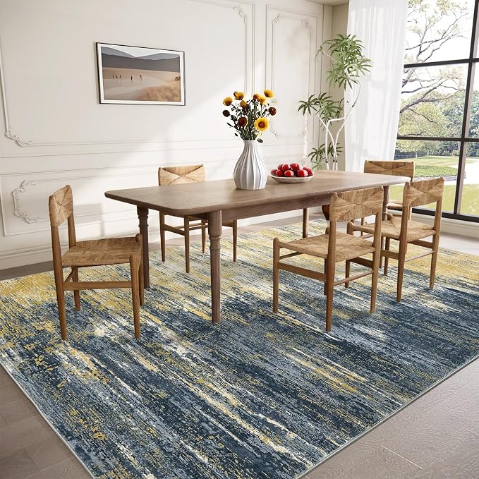 ROYHOME Modern Abstract Living Room Rug 8x10, Washable Area Rugs for Bedroom, Stain Resistant Non Slip Large Rug, Soft Indoor Carpet for Dining Room Table Home Decor, Yellow/Black