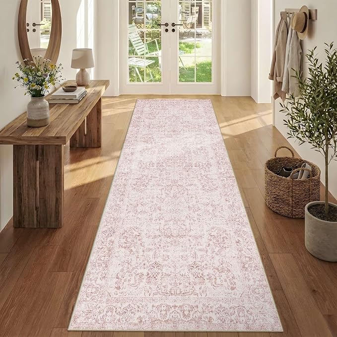 Rugxara 2'6" x 8' Hallway Runner Rug, Non Slip Boho Runner Rugs for Hallway, Kitchen, Entrance, Bathroom, Laundry Room, Soft Ultra-Thin Entryway Carpet, Throw Low Pile Retro Carpet, Pink