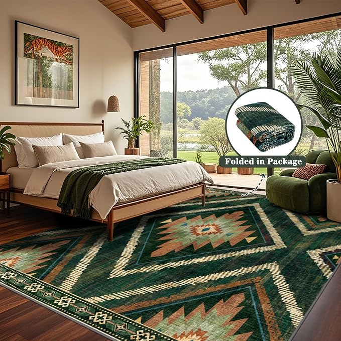 9x12Ft Boho Washable Area Rugs, Large Living Room Area Rug Non Slip, Low Pile Green Moroccan Bedroom Carpets, Non Shedding Soft Floor Carpet for Dining Room Nursery Home Office