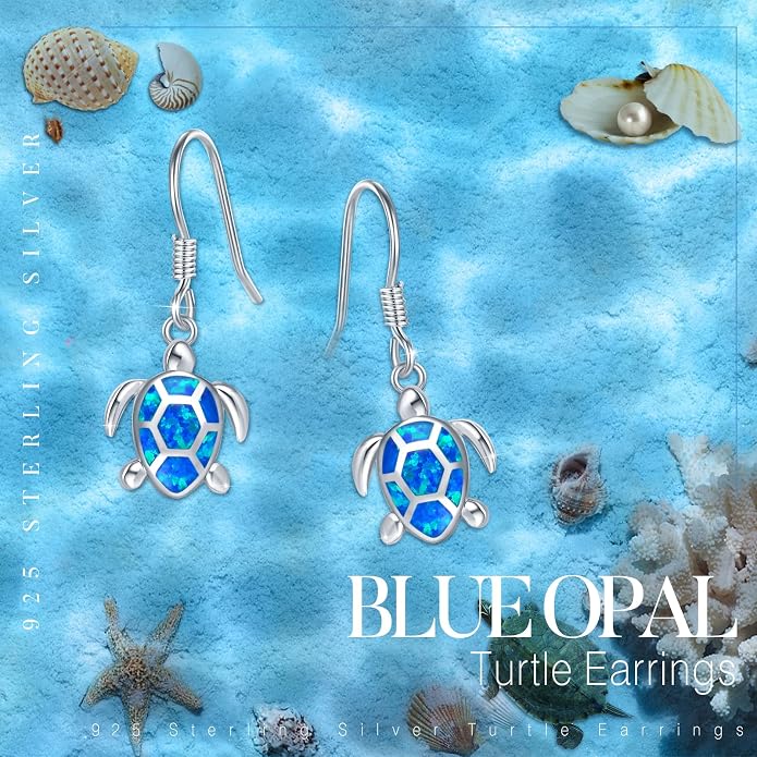 Sea Turtle Earrings,Sterling Silver Hawaiian Beach Themed Stud Earrings Tortoise Animals Drop Dangle Blue Opal Ocean Tarnish Resistant Jewelry Gifts for Women Girlfriend Mom Mother Sister