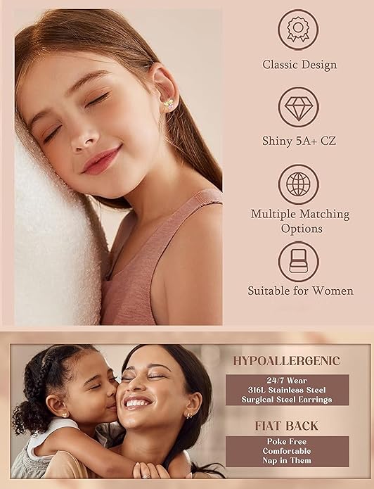 Kakonia Hypoallergenic Flat Back Earrings for Women Men Surgical Steel Earring for Sensitive Ears, 14K Gold Plated Stainless Steel Flatback Stud Hoop Cartilage Earring Stacks for Multiple Piercing