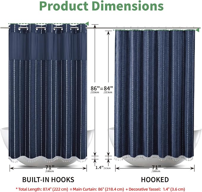 eachope No Hook Extra Long Shower Curtain Set with Snap-in Liner,Linen Textured Thick Striped Fabric with Tassels,Boho Chic Modern Farmhouse Bathroom Curtain,Water-Repellent,Navy Blue,71x86
