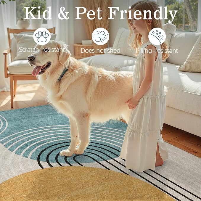 DCX Abstract Machine Washable 10x12 Rug, Mid Century Modern Rug for Living Room, Soft Low Pile Non Slip Carpet, Kid & Pet Friendly Stain Resistant Rug for Bedroom Dining Room Office, Blue & Yellow