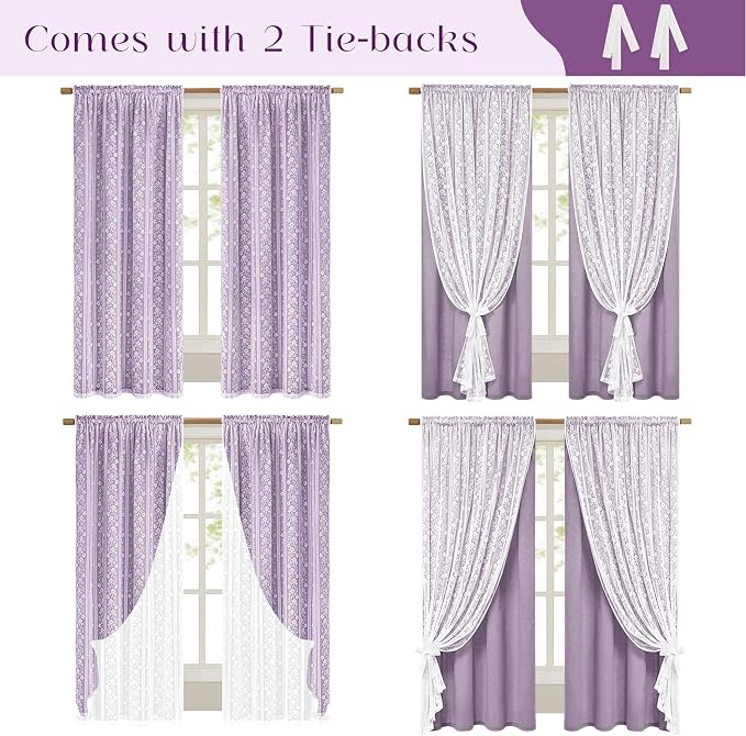 ASPMIZ Linen Curtains for Living Room Double Layer Curtains with Linen Lace, Purple Curtain for Bedroom Light Filtering, Rod Pocket Drapes 84 Inch Length 2 Panels Set with 2 Tiebacks, 52x84