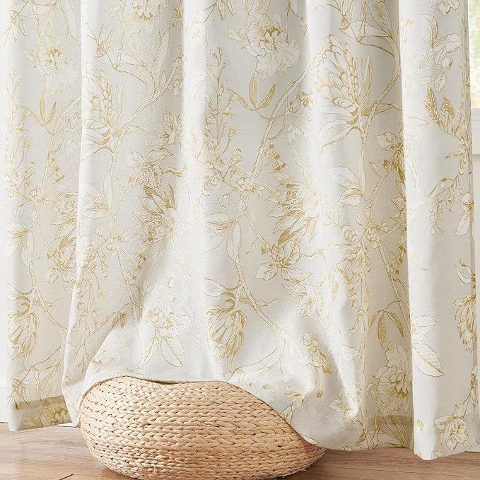jinchan Floral Curtains 108 Inch Length Mustard Yellow Flower Linen Farmhouse Curtain for Living Room French Country Vintage Curtain Rod Pocket Curtains Set 2 Panels Floral Printed