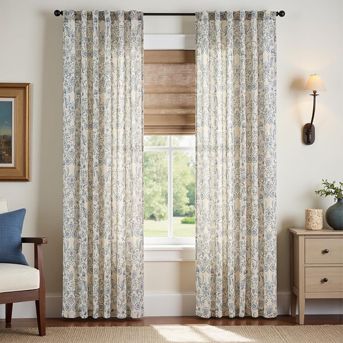 jinchan Linen Floral Curtains for Living Room with Printed Flower 84 Inches Long Light Filtering Farmhouse Window Treatment Vintage Drapes Back Tab Rod Pocket 2 Panels Blue on Beige