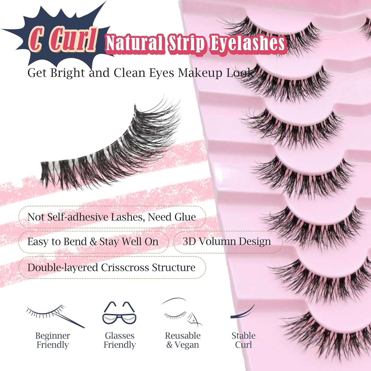 Eyelahses Wispy Lashes Cat Eye 10MM Short Lashes C Curl Soft Lash Strips Siligli