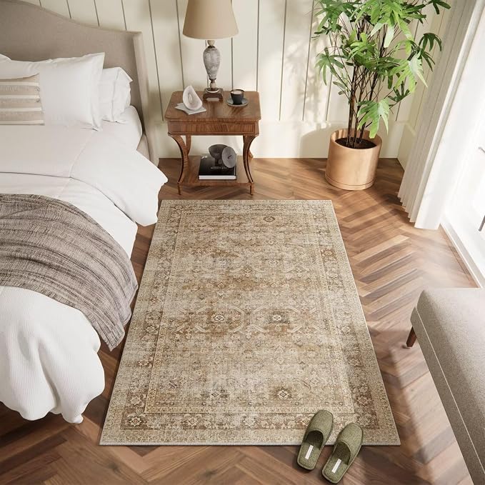 Washable 3x5 Entryway Rug, Boho Vintage Non-Slip Door Mat Brown | 0.3" Neutral Throw Small Rugs for Bedroom Kitchen Nursery Entrance, Cushioned for High-traffic Area