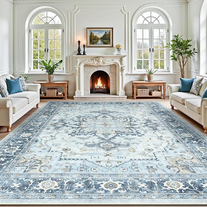 Lofus 9x12 Area Rugs for Living Room, Machine Washable Non-Slip Area Rug, Low Pile Large Rugs for Bedroom, Kitchen, Dining Room, Home Office, Vintage Oriental Print Rug, Blue Gold