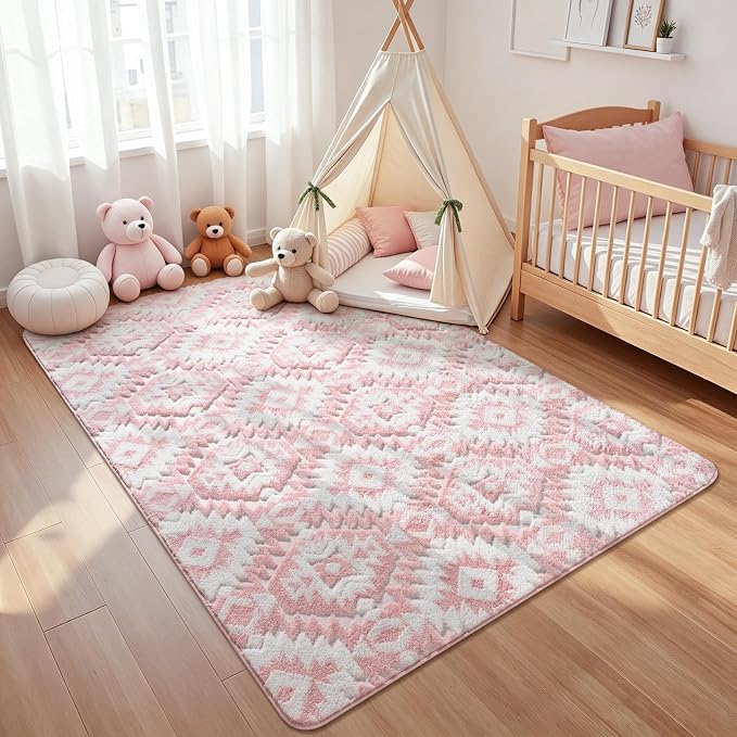 Macgace Soft Area Rug for Girls Bedroom, 4x6 Pink and White Shag Rugs | Washable Non-Slip Backing Medium Pile Modren Geometric Fuzzy Carpet for Kids Room, Classroom, Living Room, Dorm