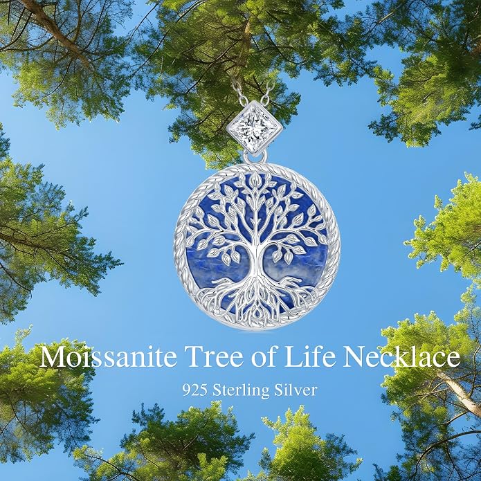 Tree of Life Moissanite Necklace, 925 Sterling Silver 0.5 Carat Moissanite Abalone Shell/Opal/Black Onyx/Turquoise/Malachite/Tiger Eye Stone Tree of Life Pendant Necklaces Jewelry Gift for Women Mom