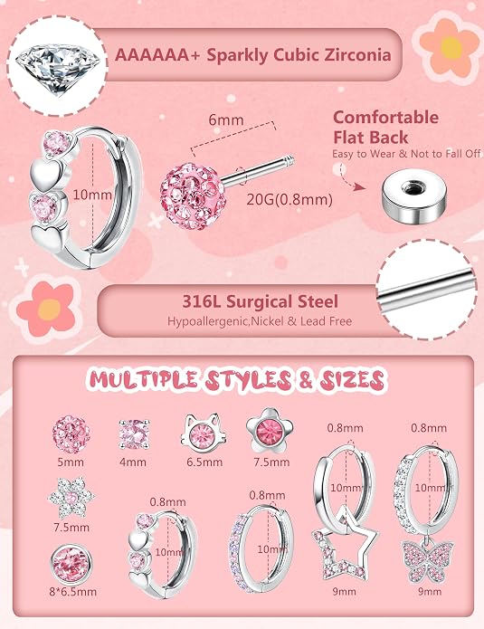 LOYALLOOK 14Pairs Hypoallergenic Screwback Earrings for Women Girls Tiny CZ Pearl Ball Heart Flower Screw Back Earring Studs 316L Stainless Steel Stud Earrings Flatback 20G Over 3 Years Old