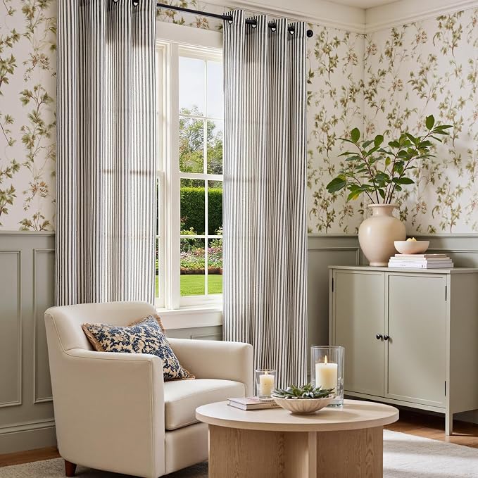 Vangao Linen Stripe Black Curtains Tickingstripe Light Filtering Window Curtains Pinstripe Printed on Beige Drapes 84 Inches Long for Living Room Bedroom Dorm 2 Panels