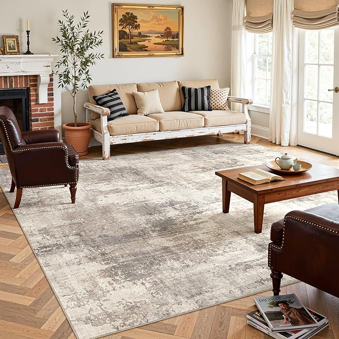 DMOYEST 9x12 Area Rug for Living Room, Washable & Non Slip Large Indoor Carpet, Kid & Pet Friendly Soft Thin Low Pile Abstract Rug for Bedroom and Office - Pale Brown