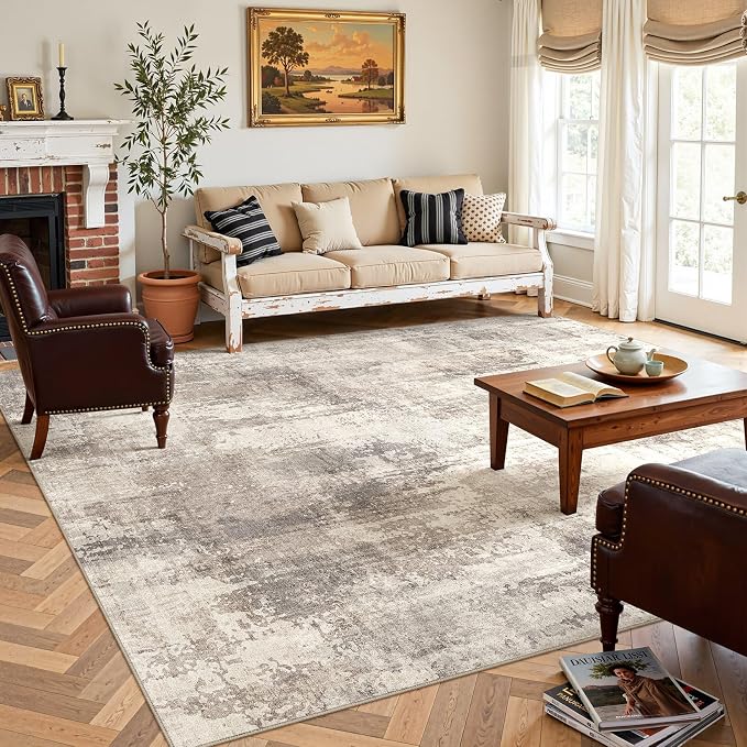 DMOYEST 10x12 Area Rug for Living Room, Washable & Non Slip Large Indoor Carpet, Kid & Pet Friendly Soft Thin Low Pile Abstract Rug for Bedroom and Office - Pale Brown