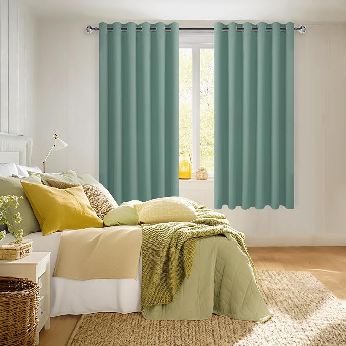 Hiasan Grommet Blackout Curtains for Bedroom, 70 x 63 Inches - Thermal Insulated & Light Blocking Window Drapes for Living Room/Dorm Room, Set of 2 Panels Sewn with Tiebacks, Sage Green