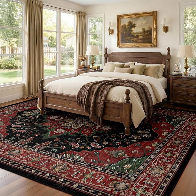 RELEANY Area Rugs 8'x10' Washable Non-Slip, Floral Vintage Distress Medallion Carpet for Living Room Bedroom Dining Room, Red Black
