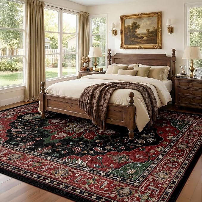 RELEANY Area Rugs 7'x10' Washable Non-Slip, Floral Vintage Distress Medallion Carpet for Living Room Bedroom Dining Room, Red Black