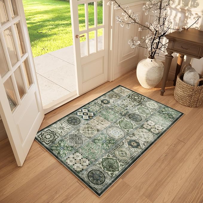Machine Washable Entryway Small Area Rugs: Soft Non-Slip Low Pile Door Mat Indoor Entrance 2x3 ThrowRug for High-Traffic Areas Kitchen, Hallway, Farmhouse Decor