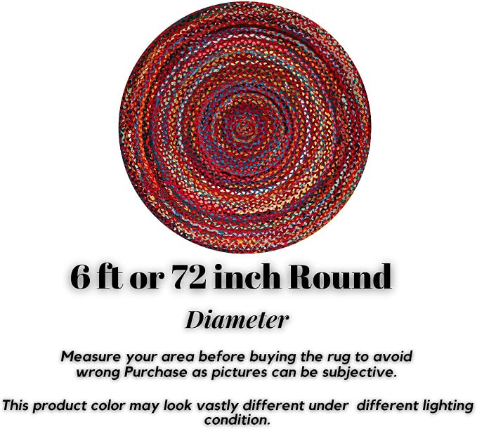 Chindi Rug - 6 Ft Round Rugs, Woven Multicolor, Bohemian, Recycled Cotton Colorful Area Rugs Living Room, Farmhouse, Bedroom, Dining Room, Classroom, Hallway - 6 Foot Round Rug