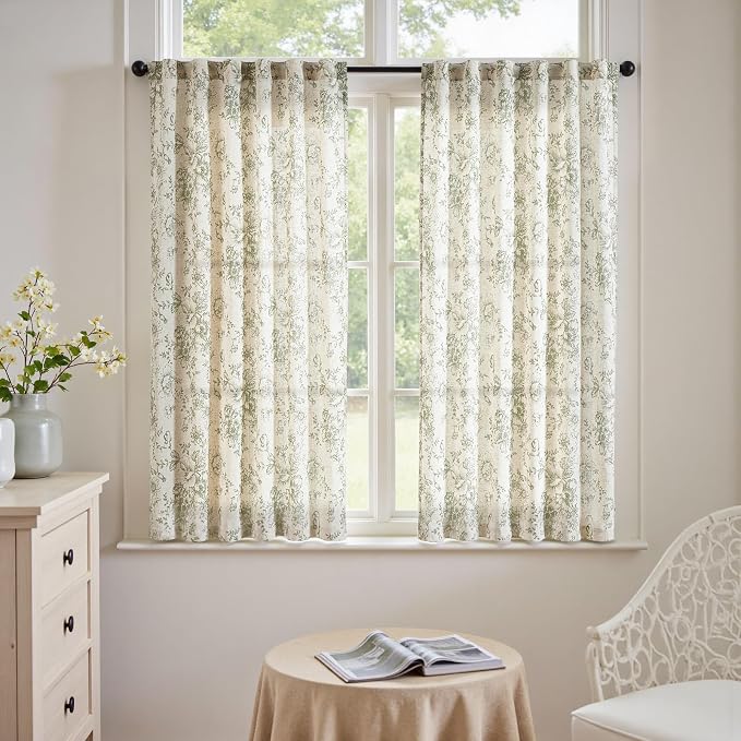 jinchan Green Floral Linen Curtains 54 Inch Vintage Back Tab 2 Panels | Light filtering drapes, semi sheer, farmhouse, cottagecore, rustic, living room, bedroom, rod pocket, window treatment