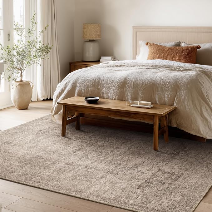 Machine Washable Rugs for Living Room: 5x7 Area Rugs for Bedroom Ultra Soft Non-Slip Low Pile Vintage Distress Boho Large Carpet for High-Traffic Dining Room - Farmhouse Decor