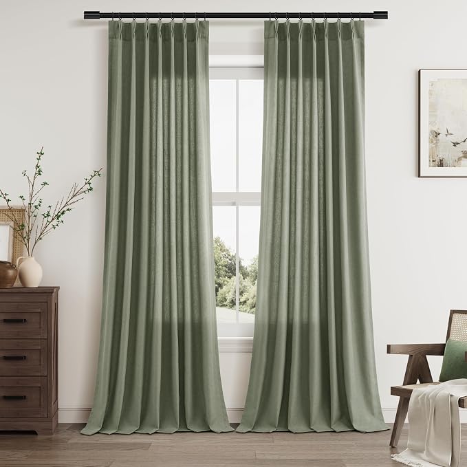 Aersas Forest Green Linen Pinch Pleated Curtains 84 Inches Long 2 Panels for Living Room Bedroom Pinch Pleat Hooks Rings Back Tab Light Filtering Loden Dark Green Farmhouse Drapes 84 Inch Length