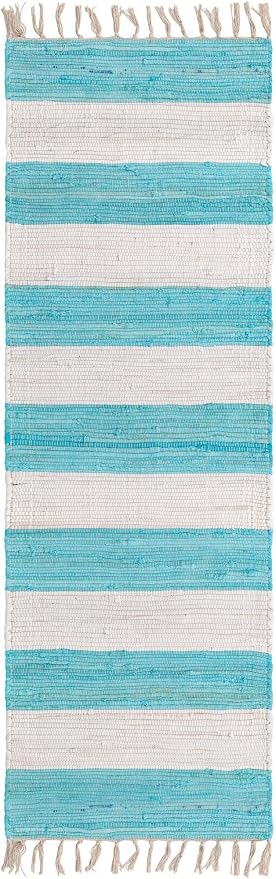 Unique Loom Chindi Rag Collection Area Rug - Striped (2' 2" x 6' 1" Runner, Turquoise and Ivory)