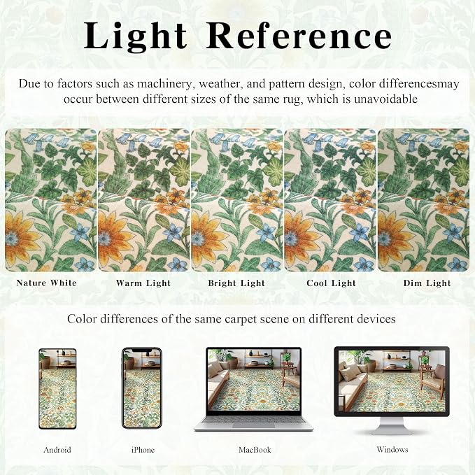 Floral Washable 6x9 Area Rug，Grass Green Boho Rugs for Living Room, Soft Low-Pile Non-Slip Stain Resistant & Non-Shedding Carpet for Bedroom, Dining Room, Office, Entryway, Nursery