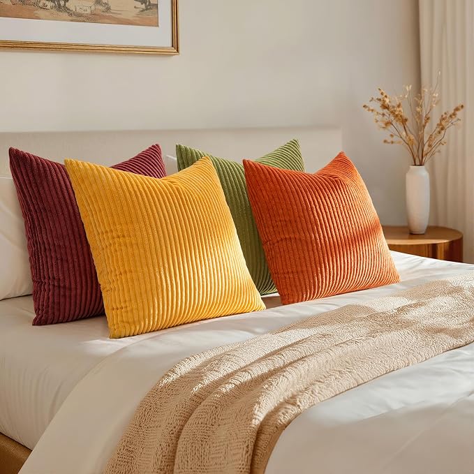 EMEMA Burnt Orange Decorative Throw Pillow Covers for Couch Bed Livingroom 20x20 Inch Set of 4 Boho Farmhouse Corduroy Striped Square Pillow Case,Western Modern Cushion Covers Home Decor